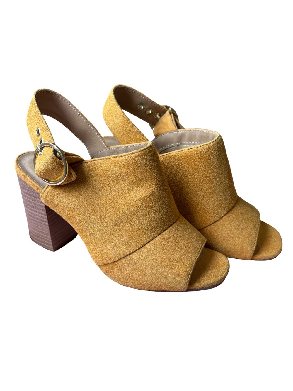Rue21 Mustard Yellow Faux Suede Peep Toe Slingback Block Heel Sandals
